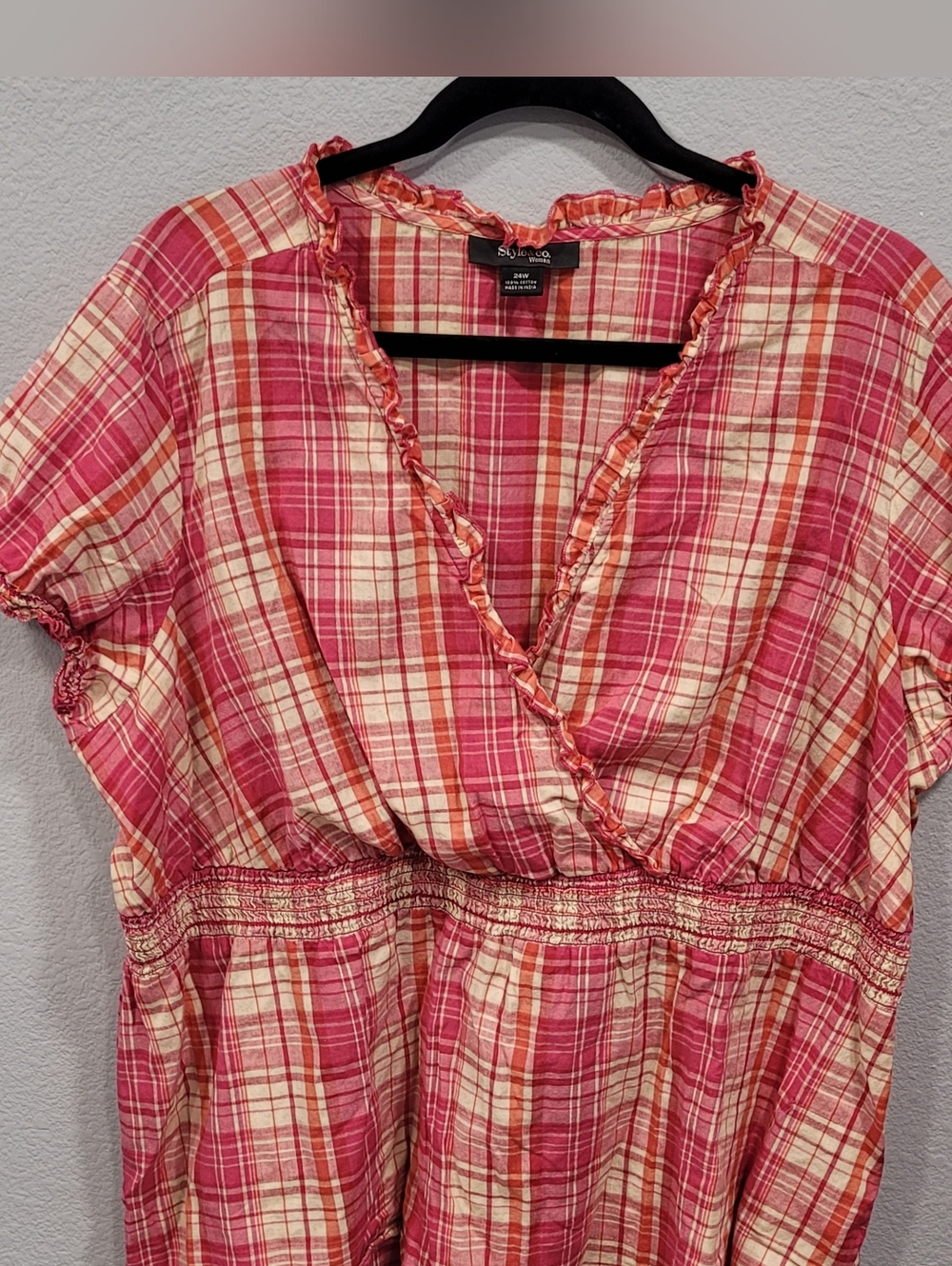 Style & Co Indian Cotton Ruffle Baby Doll Plaid Shirt 24W